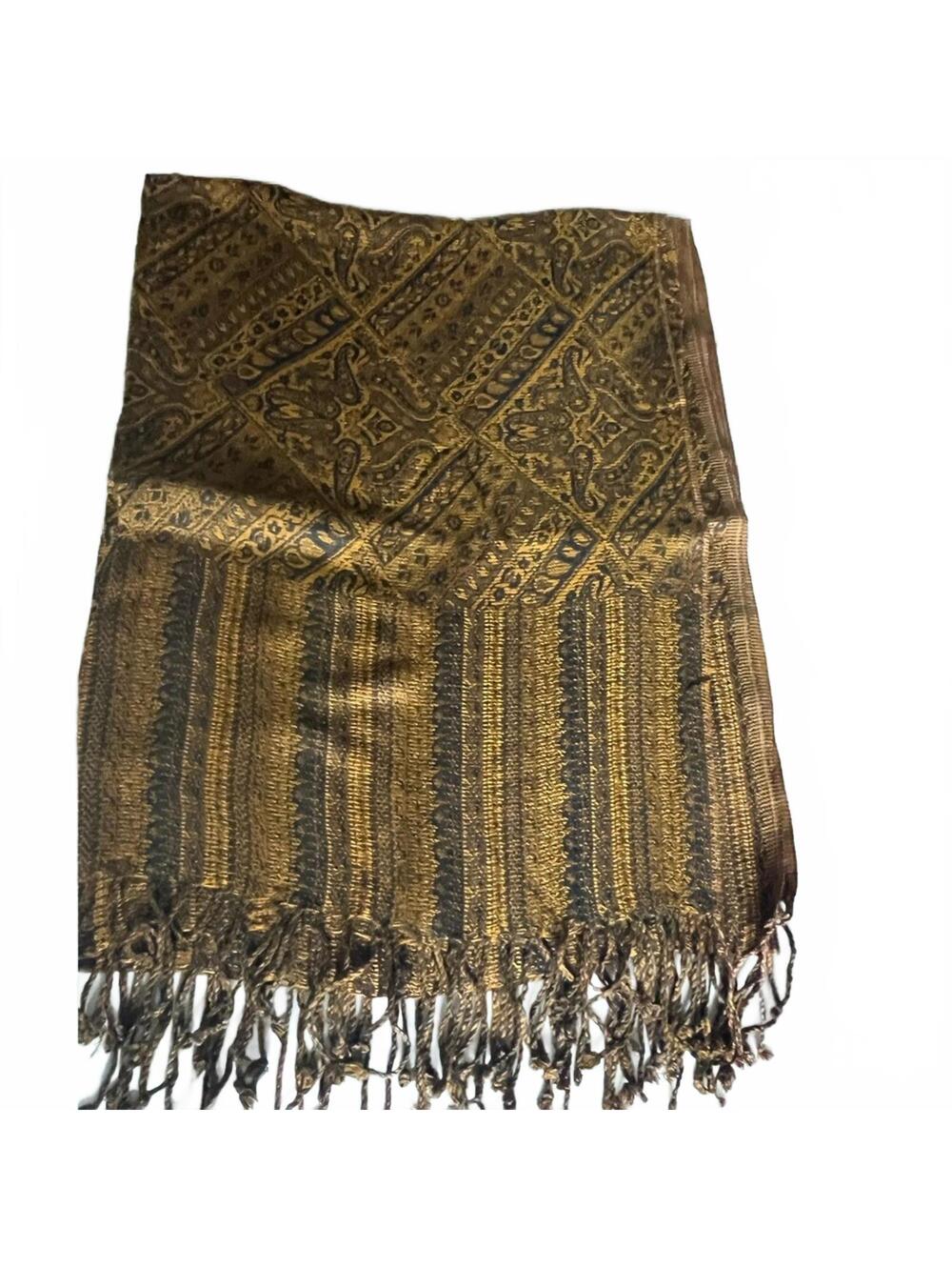 Golden Brown Black Patterned Scarf Wrap Oversized Shawl Statement Layering OS